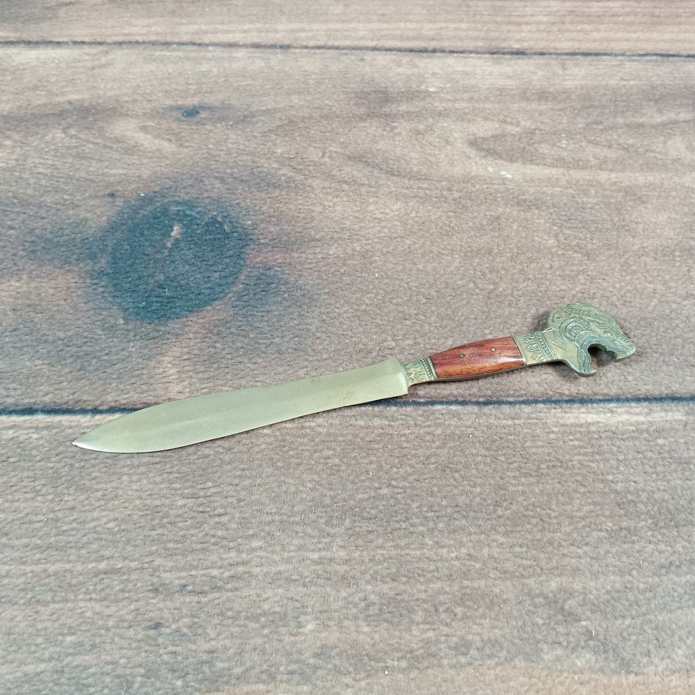 Vintage Brass Dragon Head Letter Opener Bottle Opener Wood Inlay Desk Accessory